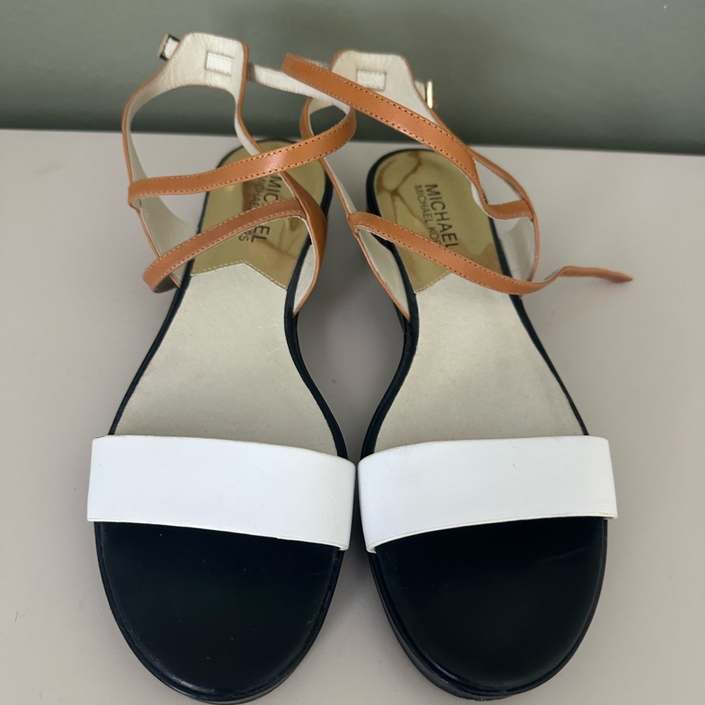 Michael Kors Black, White, and Tan Strappy Sandals